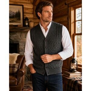 Carrig Donn Irish Wool Cable Knit Sweater Vest XL Gray Fisherman Cottagecore